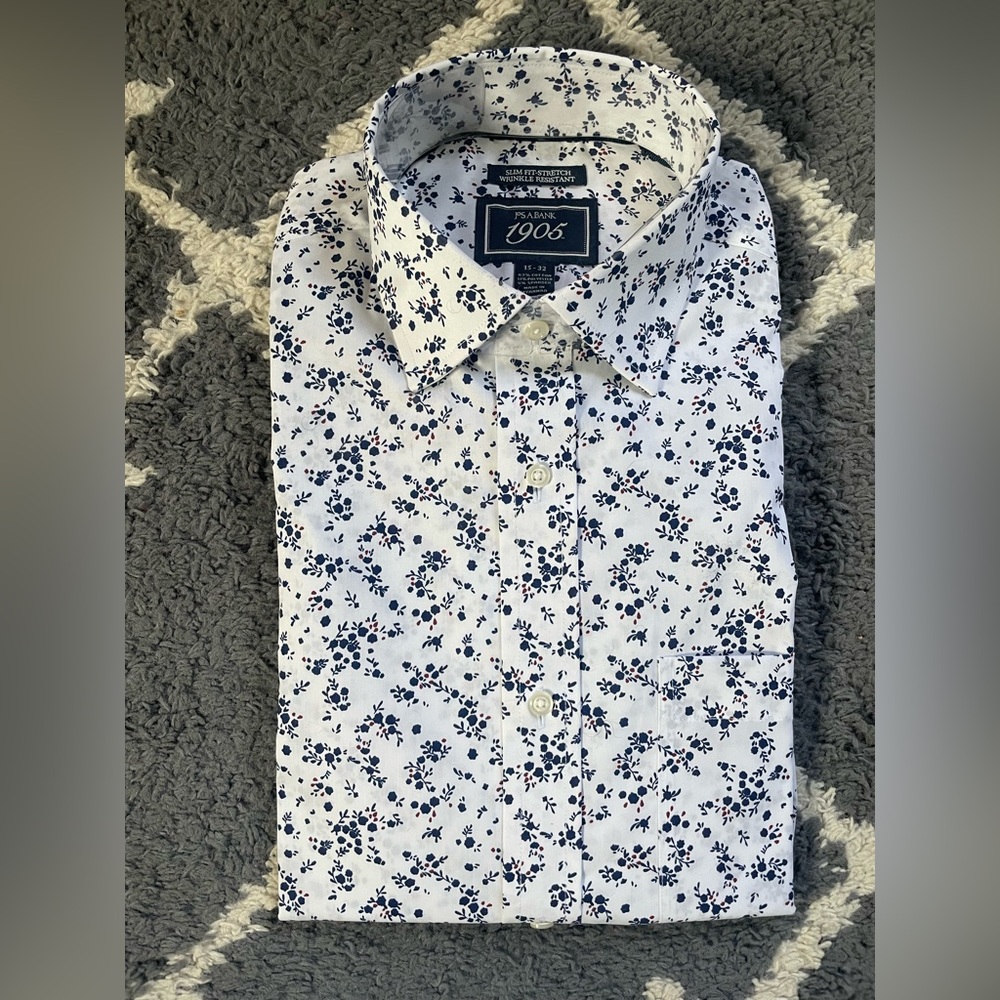 NEW Men’s Button Down Joseph A Bank Navy Poppy Design Shirt 15 Neck 32 Sleeve